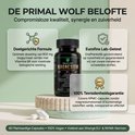 Zwarte pot Primal Wolf Magnesium Bisglycinaat, met tekst over doelgerichte formule, Eurofins test, en 100% tevredenheidsgarantie.
