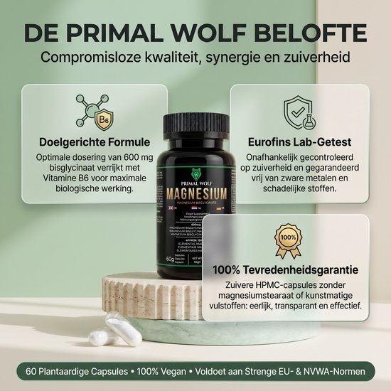 Zwarte pot Primal Wolf Magnesium Bisglycinaat, met tekst over doelgerichte formule, Eurofins test, en 100% tevredenheidsgarantie.