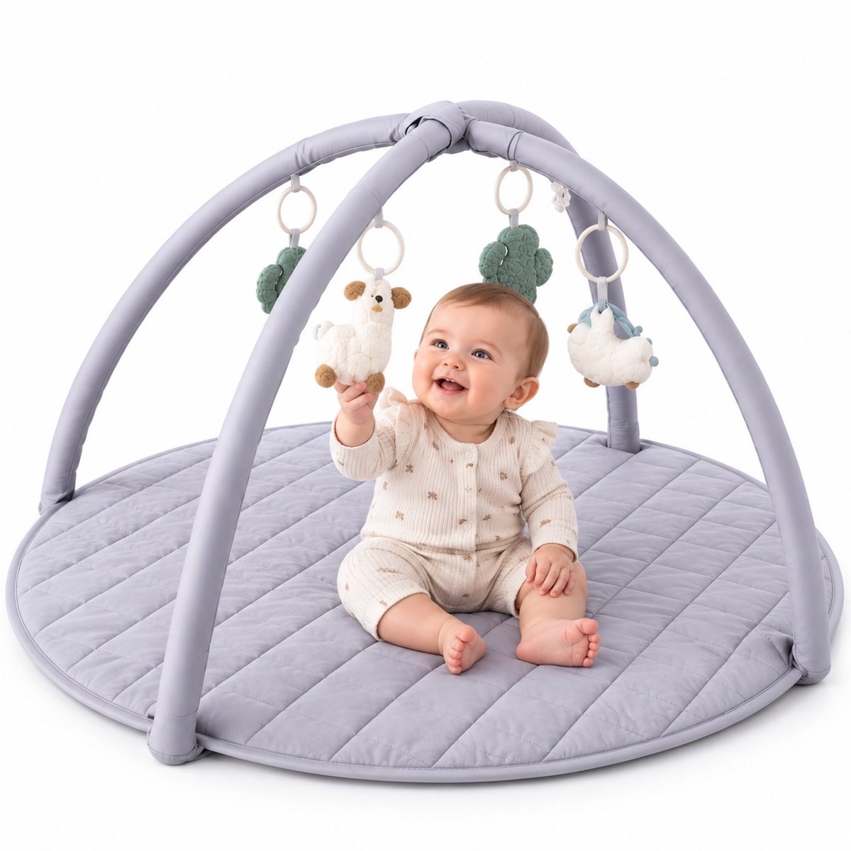 Laavir Baby Speelkleed met Boog - Ronde Babygym Grijs - Zacht en Comfortabel speelmat - Voor Pasgeboren Baby’s