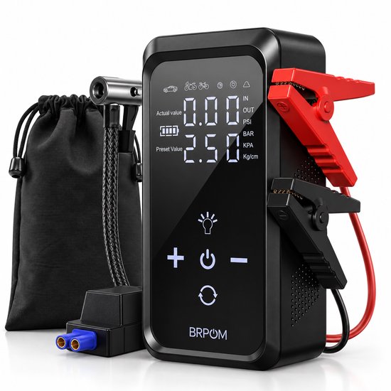 BRPOM 12V Jumpstarter - 4500A / 26.800 mAh - Accu Booster met Compressor 10 BAR - Starthulp - Startbooster voor Auto, Motor, Camper & SUV - LED SOS Noodverlichting
