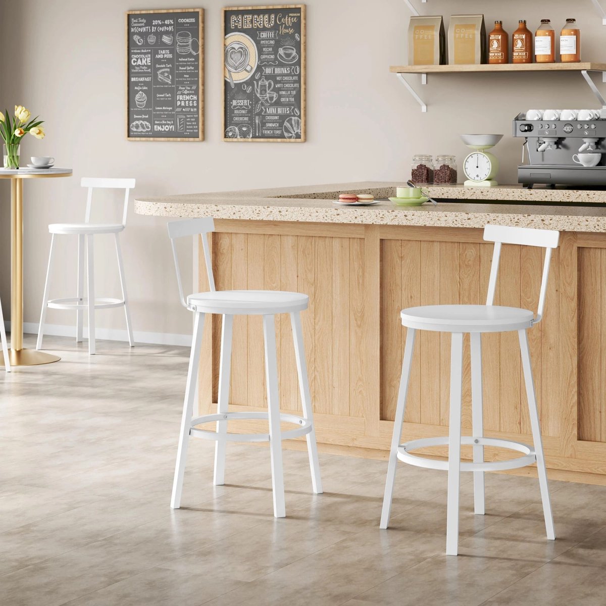 Klarven Barkruk Set van 2 Wit - Barkrukken met Rugleuning - Industriële Barkruk - Barkruk - Bar Stool - Stabiel tot 150 kg, Ergonomisch zitcomfort - B51,5xd51,5xh89cm