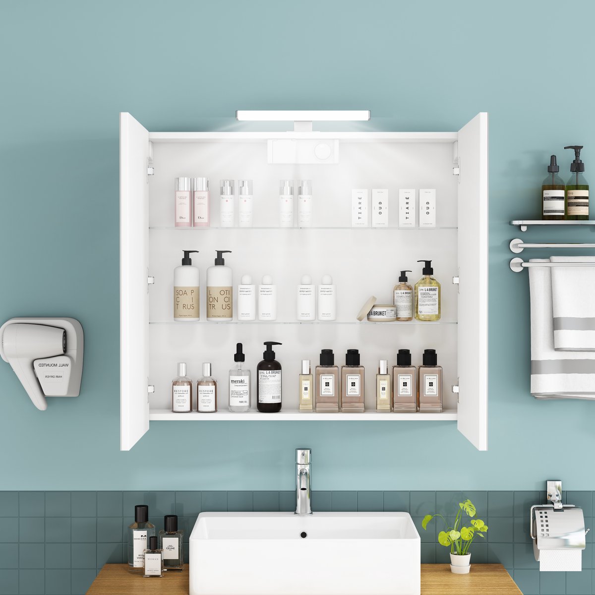Badkamerspiegelkast – Wandmontage – 80 x 16 x 70 cm – MDF en glas – Wit – 2 deuren – LED en stopcontact