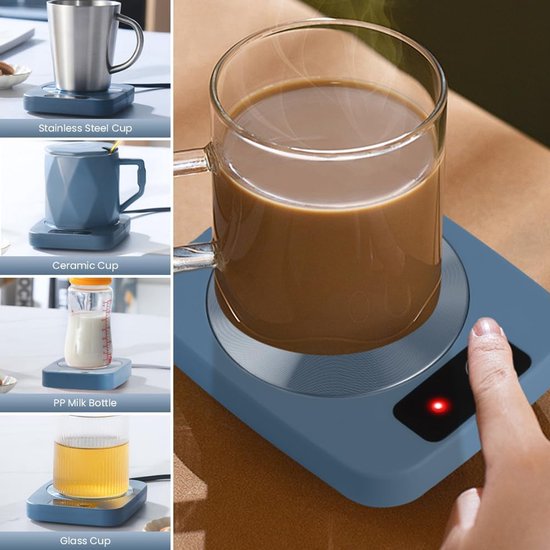 Koffiebekerverwarmer, elektrische koffieverwarmer, intelligente bekerwarmer met aluminium metalen plaat, kantoorgadgets, drankwarmer voor koffie, cacao, melk, cadeau voor - blauw — afbeelding 2