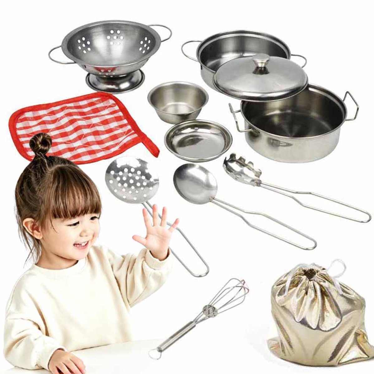 Montessori Keuken Speelgoed – Mini Kookset Voor Kinderen Met Roestvrijstalen Kookgerei, Pannen En Potten – Kookaccessoires Voor Peuters – Klein Formaat