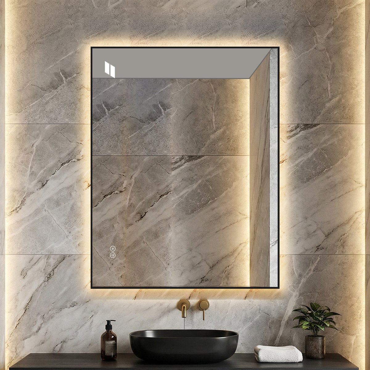 LED-badkamerspiegel 70x90 cm met aluminium frame, achtergrondverlichting, anti-condens, 3 lichtkleuren, traploos dimbaar, geheugenfunctie, 5 mm kopervrije zilveren spiegel