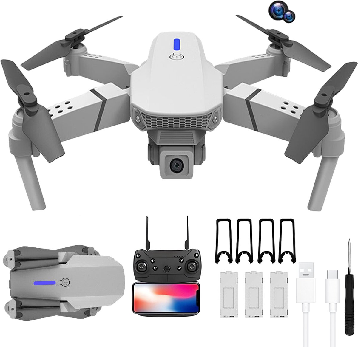 Drone met Dubbele Camera - Quadcopter Opvouwbare - Hoogtebehoud & Headless - 4K - Gebarenfoto - 2,4G - 1 Knop Start & Land & Terug - Inclusief Opbergtas & 3 Batterijen - Voor Beginners