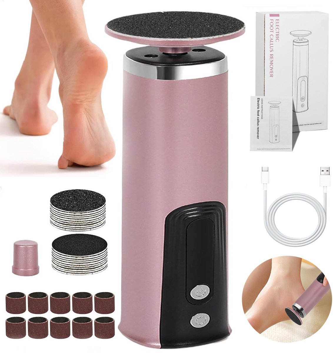 Elektrische Voetvijl, 2-In-1 Usb Oplaadbare Voetschuurmachine, Pedicuregereedschap, 6 Instelbare Snelheden, Exfoliërende Voetscrubber.