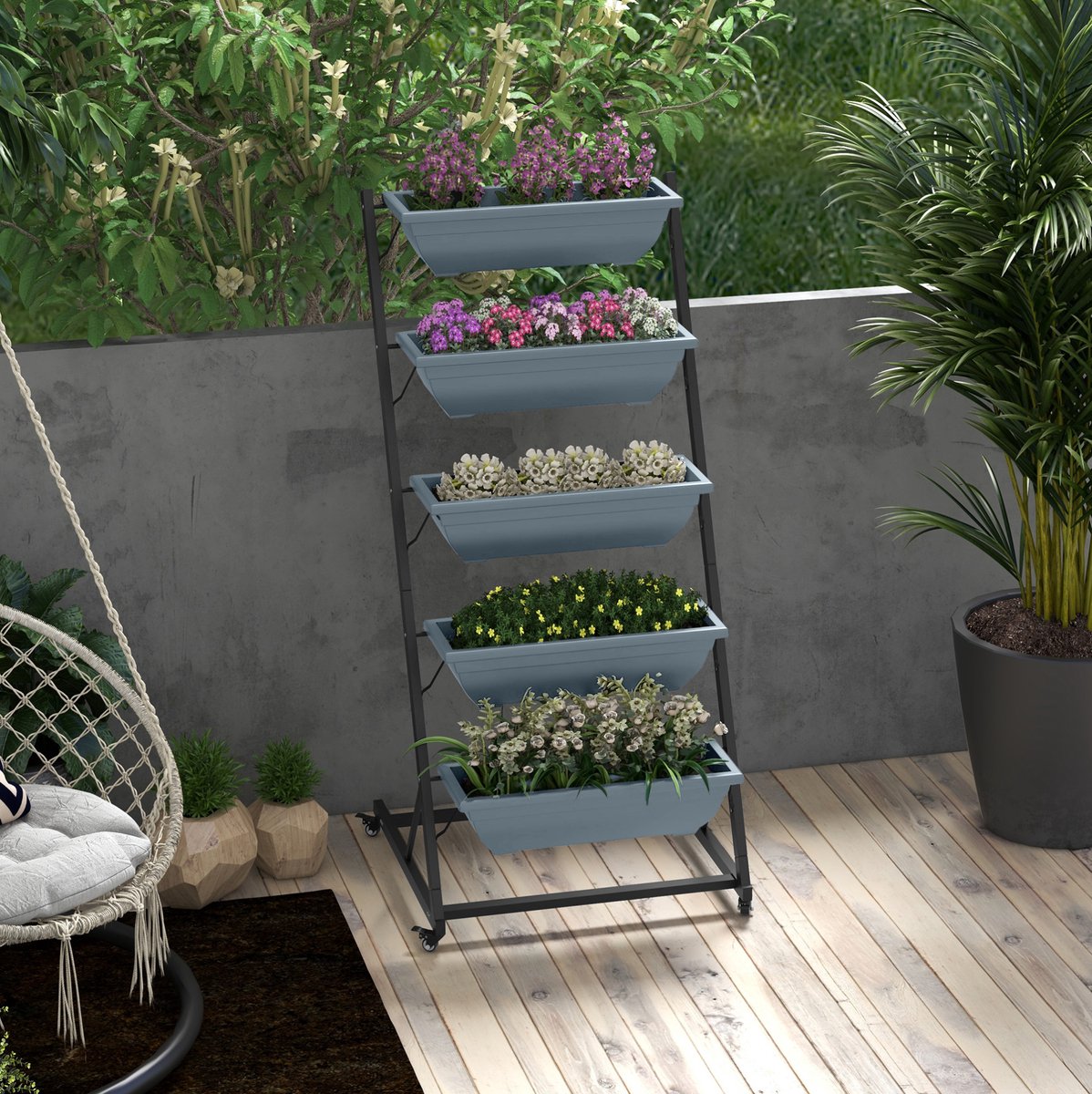 MODFU - Plantenstandaard - 5 Etages Met Wielen - Stalen Frame - Binnen En Buiten - Grijs