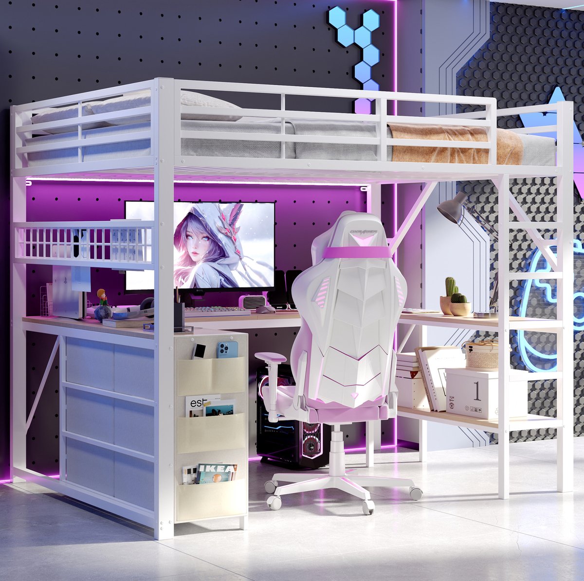 REDOM - Hoogslaper - Bureau en opbergruimte - Ladder en beschermroosters - LED-verlichting - Moderne stijl - Kinderkamer - Metaal en MDF - Wit - 204 x 145 x 172 cm