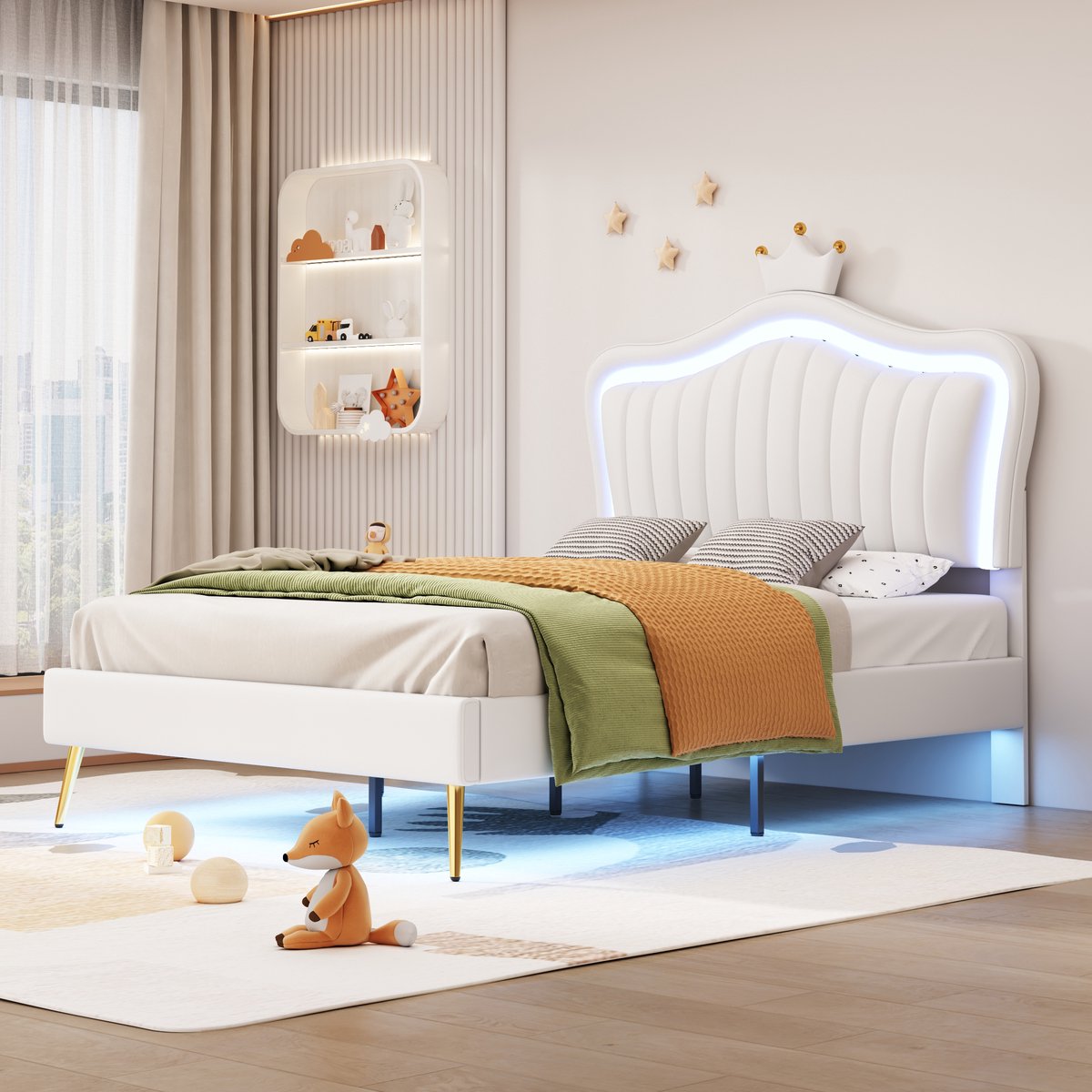 AURA LUMEN Gestoffeerd Kinderbed-Eenpersoonsbed-90 x 200 cm-Met LED-verlichting-Met Hoofdbord-Wit