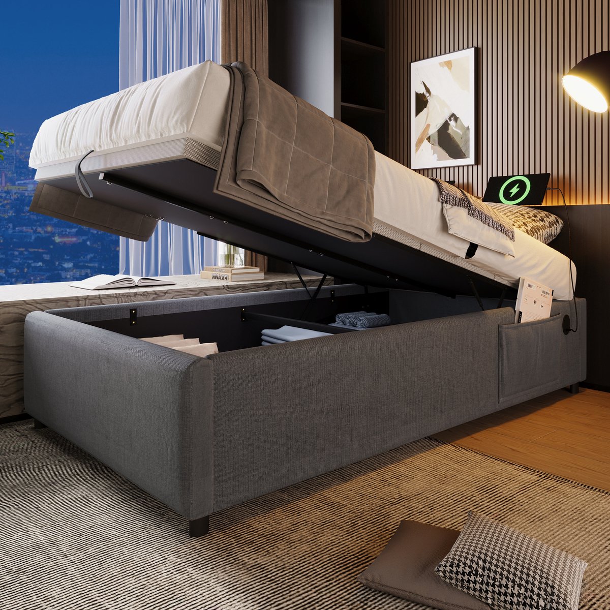 AURA LUMEN Gestoffeerd bed-Eenpersoonsbed-90 x 200 cm-Bed met opbergruimte-Hydraulisch bed-Bed met USB en Type-C-Grijs