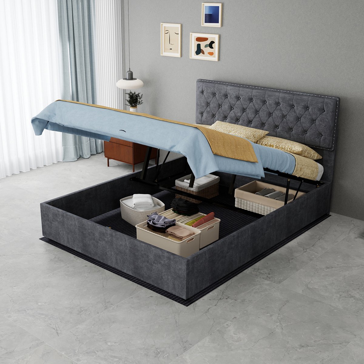 AURA LUMEN-Gestoffeerd bed-Twijnfelaarbed-140 x 200 cm-Hydraulisch bed met opbergruimte-Grijze stof