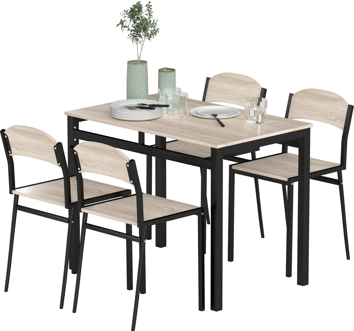 5-delige eethoek met 4 stoelen- tafelblad van MDF met eikenhouten look en zwart metalen frame.