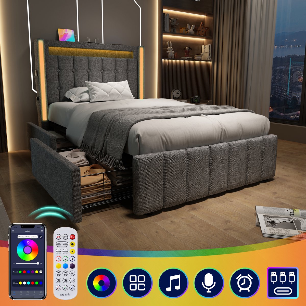 AURA LUMEN Gestoffeerd bed-Eenpersoonsbed-90 x 200 cm-Bed met LED en USB-Bed met lades-Grijs