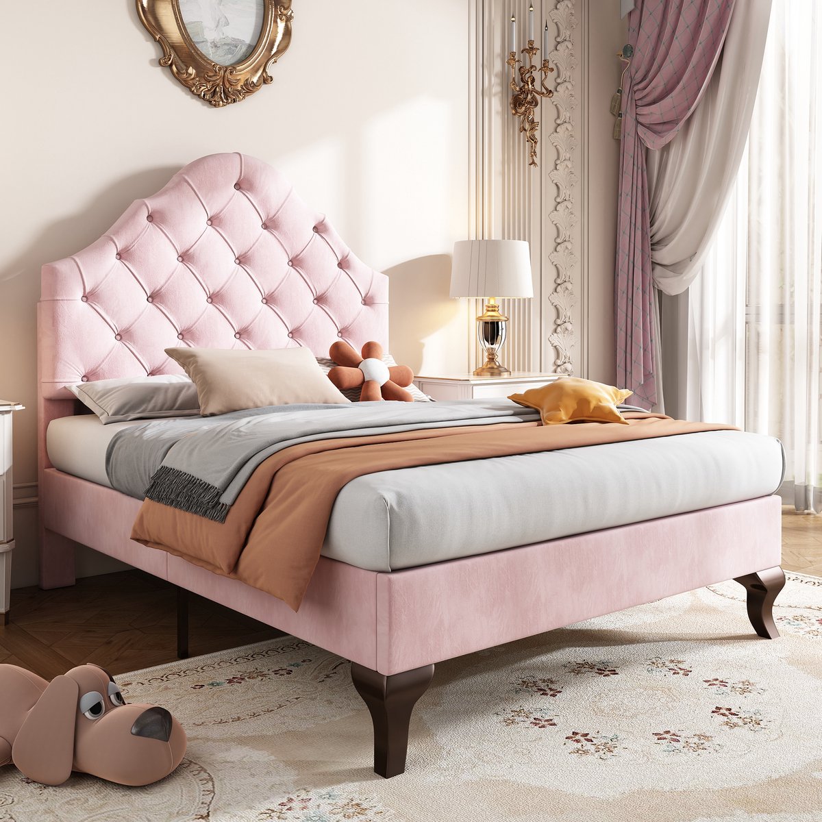 AURA LUMEN Gestoffeerd bed-Eenpersoonsbed-90 x 200 cm-Bed met hoofdbord-Höhenverstellbares kopfteil-Rosa-Zonder matras Roze