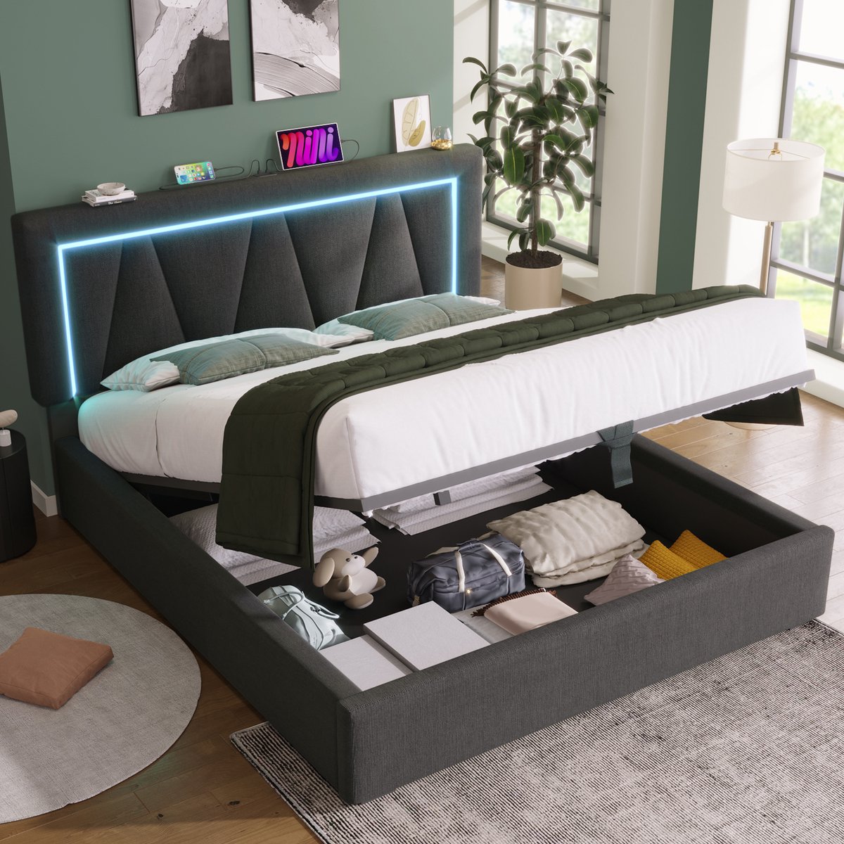 AURA LUMEN Gestoffeerd bed Twijfelaarbed 140x200 cm met LED-verlichting en USB-Type-C-oplaadfunctie grijze leinstof Grijs