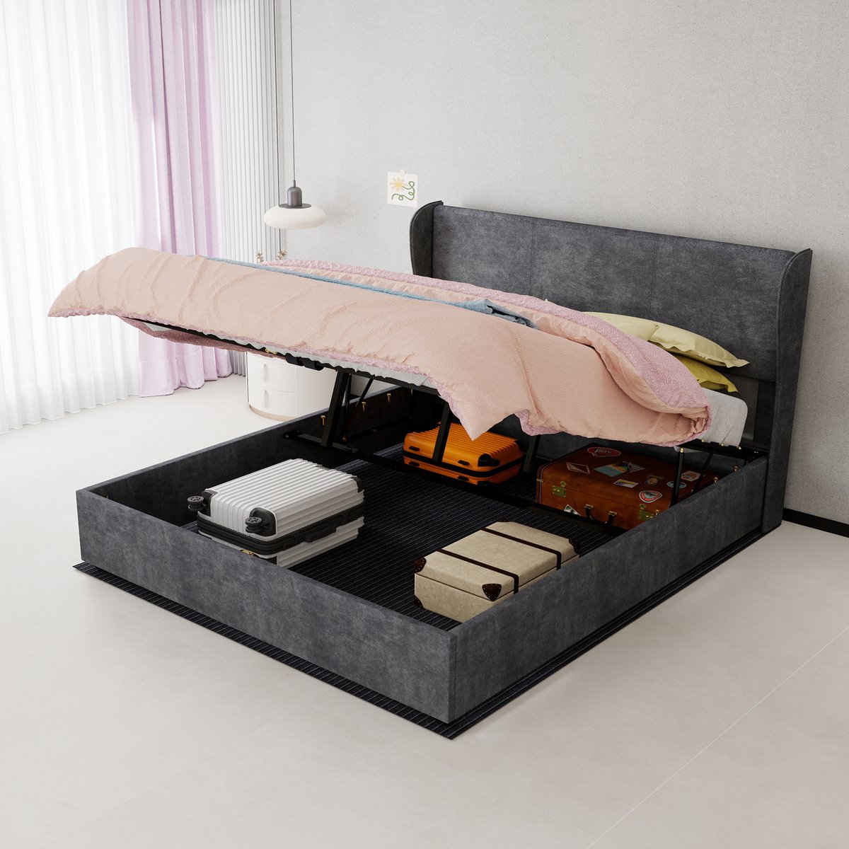 AURA LUMEN-Gestoffeerd bed-Tweepersoonsbed-160 x 200 cm-Hydraulisch bed met opbergruimte-Bed met hoofdbord-Grijs