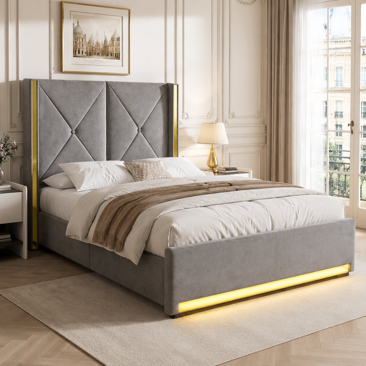 AURA LUMEN Gestoffeerd bed-Eenpersoonsbed-90 x 200 cm-Hydraulisch bed-Bed met LED en USB-Dark Gray Donkergrijs