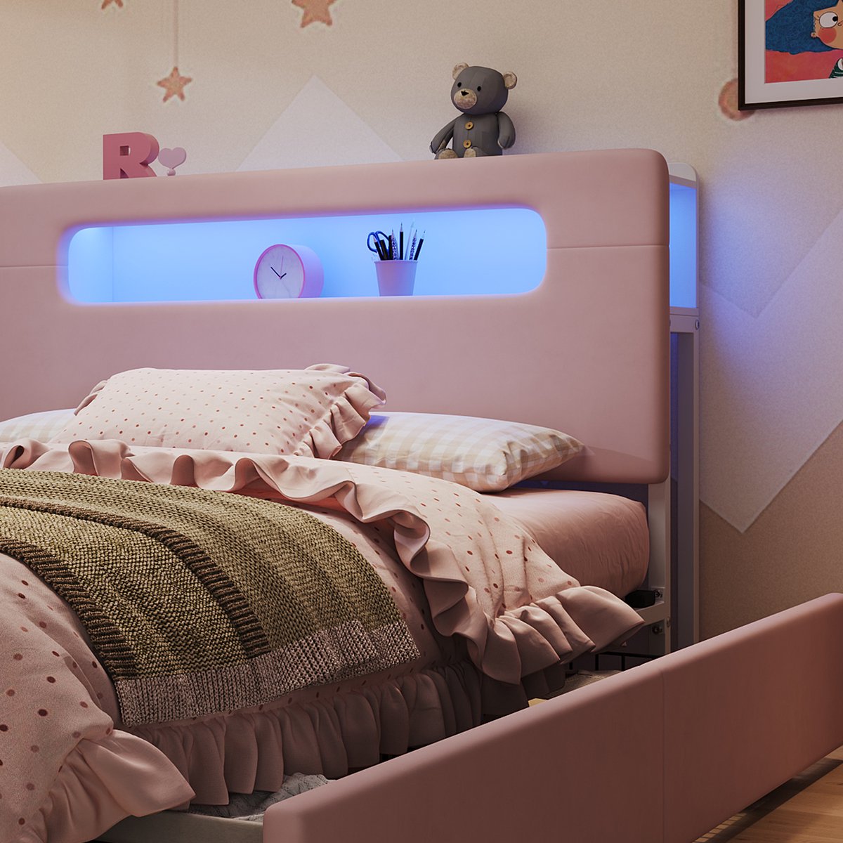 AURA LUMEN Gestoffeerd bed Twijfelaarbed 140 x 200 cm met opbergruimte lades LED-verlichting rosa Roze