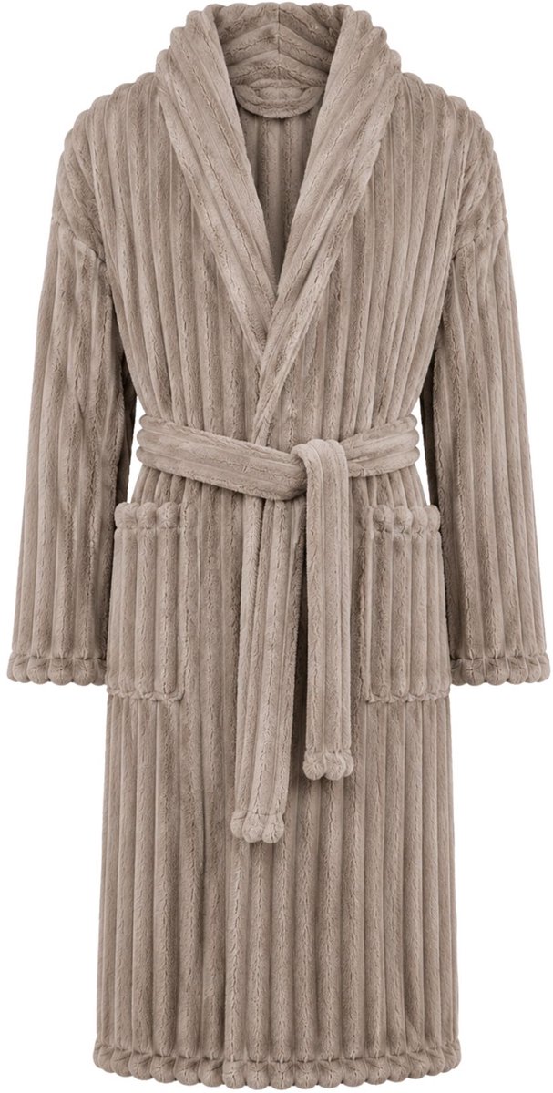 Badjas rib motief - Ribcord badjas teddy – Sjaalkraag – fleece – Badjas Dames - Badjas Heren – fluweelzacht – extreme luxe - Taupe - S/M