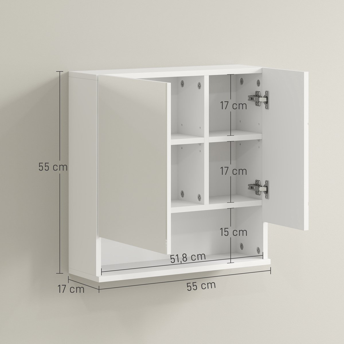 Badkamerwandkast met spiegel- 2-deurs opbergkast- 55 x 17 x 55 cm- wit
