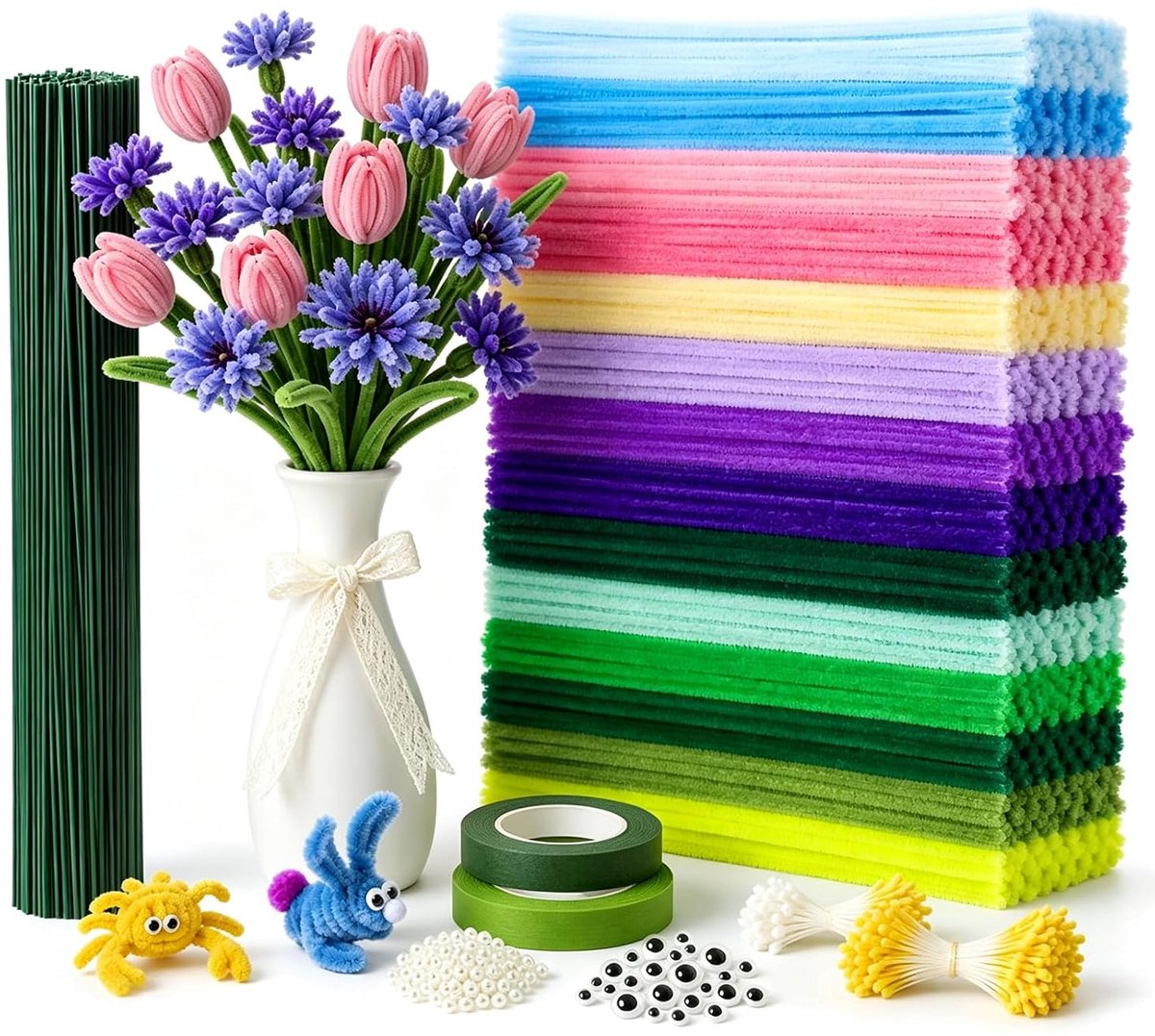 Pijpenragers knutselset bloemen - Chenille draad 14 kleuren - Boeket maken creatief - Knutselen voor decoraties - Inclusief stempels en lint - Buigzame zachte vezels - Meerkleurig - 995-delige set