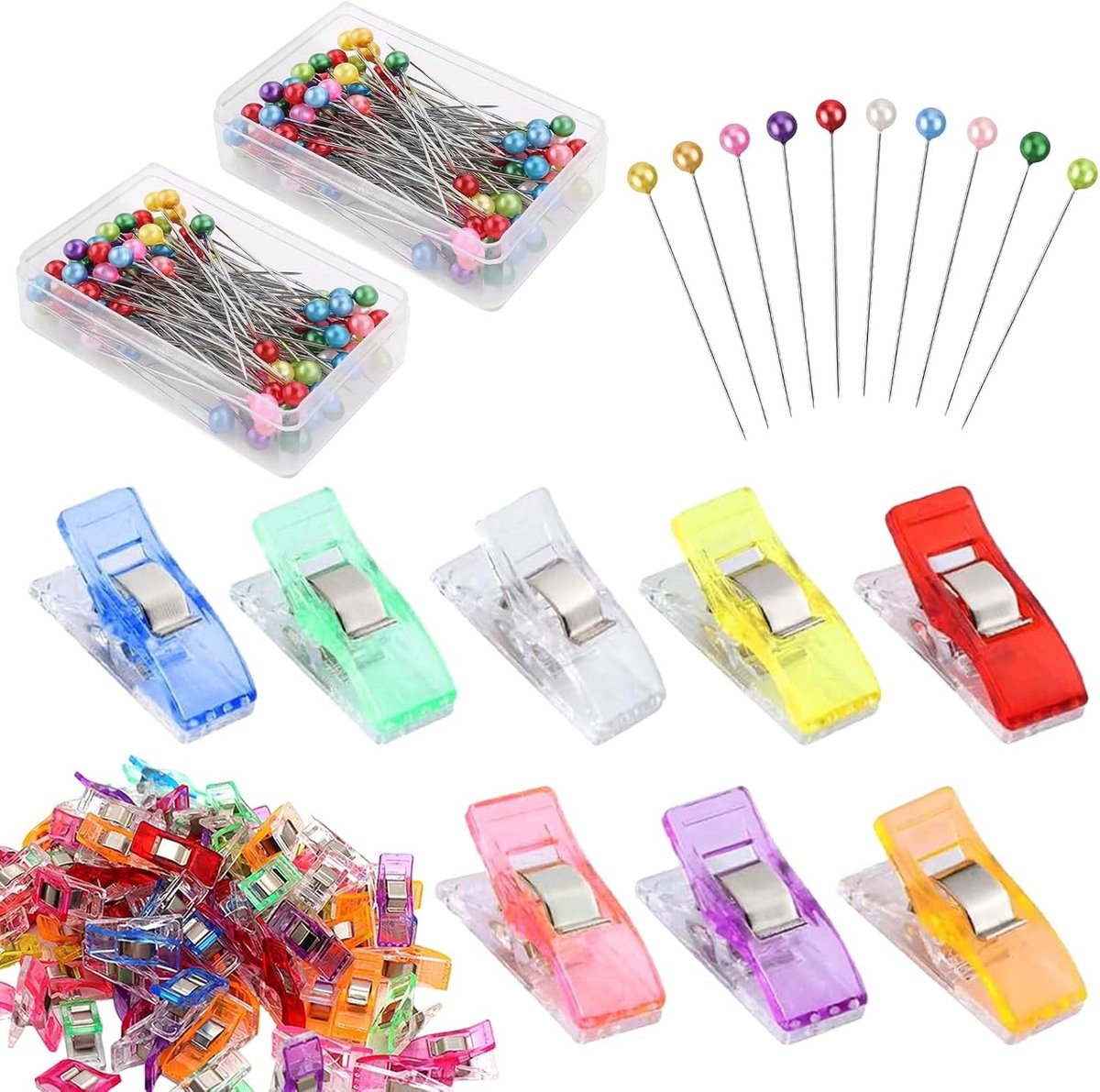 Multicolored RVS Kopspelden en Naaldhaken - 200 Stuks + 50 Stuks Naaiclips voor Creatief Naaien, Quilten en Sieraden Maken