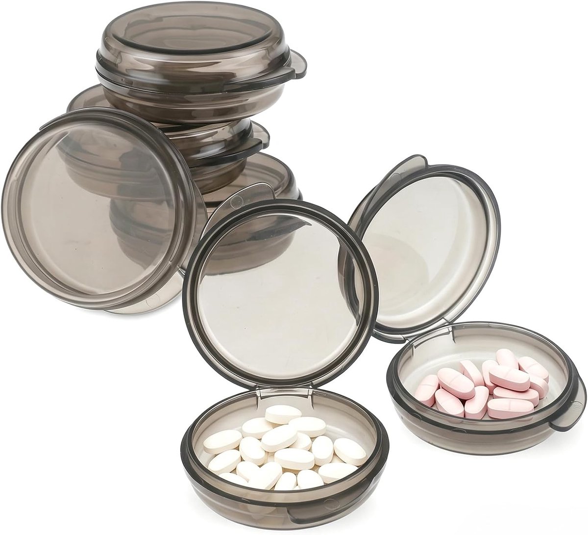 Set van 6 Mini Pillendozen in Zwart, Handige Reis Pillen Organizer, Compacte Opbergdoos voor Vitamines en Supplementen (4 x 4 x 1.5 cm)