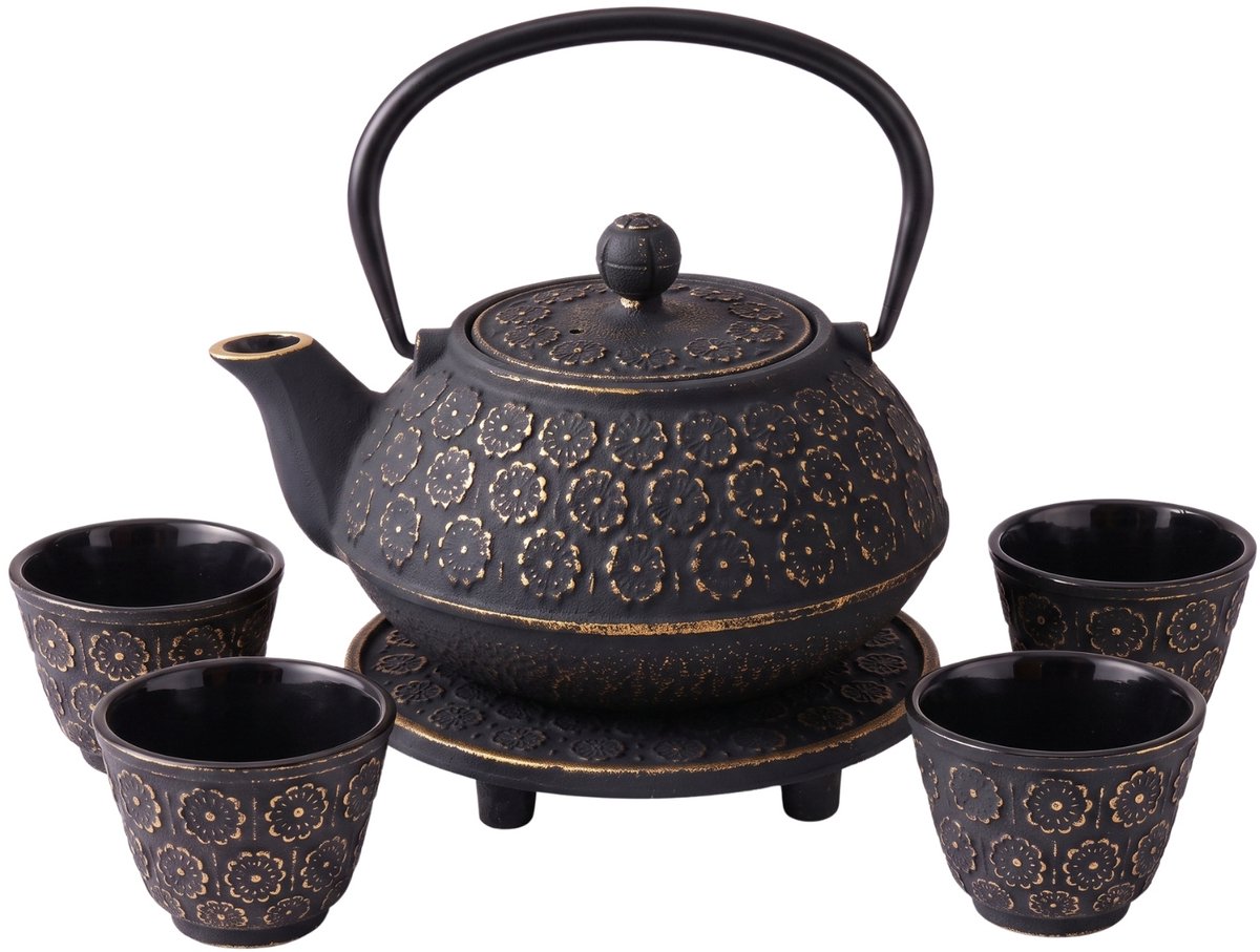 Gietijzeren theepot met zeef, kopjes en onderzetter HANU, 1 l