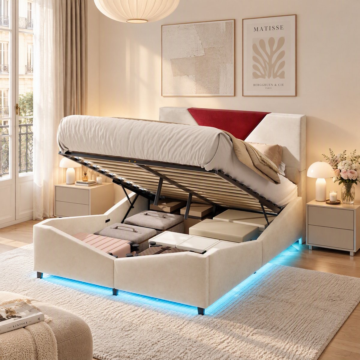 MEXUS Opbergbed 140x190 cm met opbergruimte, Tweepersoonsbed met ledverlichting en lattenbodem, Gestoffeerd bed met hydraulische opbergruimte, fluweel Beige