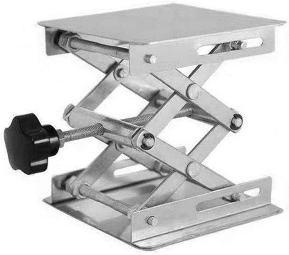 Schaarlift en hefplatform - Laboratoriumkrik en routerheftafel - Voor het positioneren van objecten - Roestvrijstalen constructie - 100x100 mm - Blauw en zilver