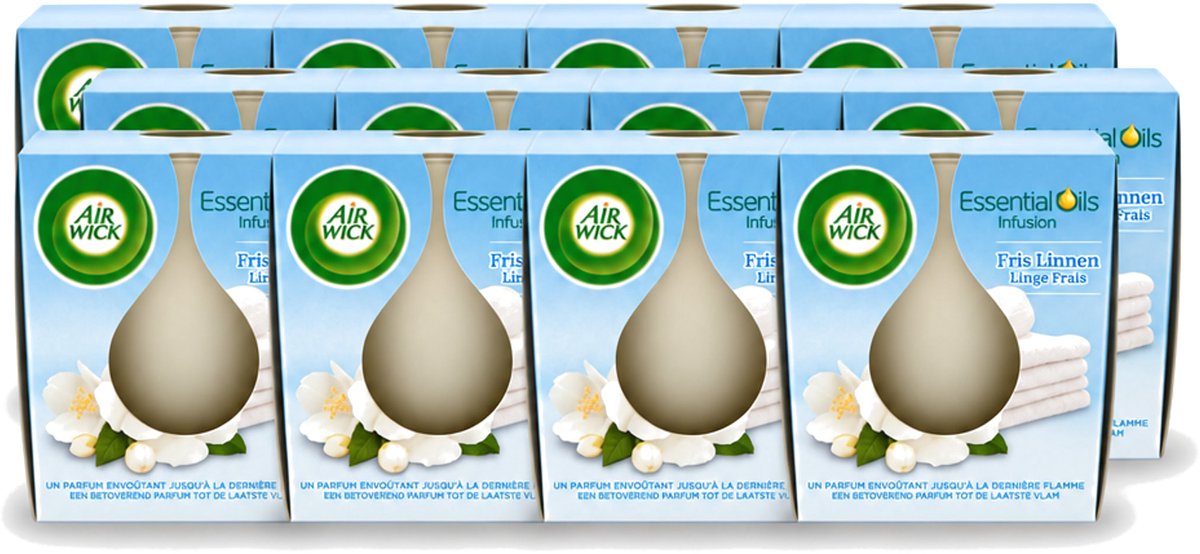 Air Wick 12 x Air Wick – Geurkaars – Fris Linnen met Essentiële Oliën – 105 g - Voordeelverpakking - 12 stuks Wit