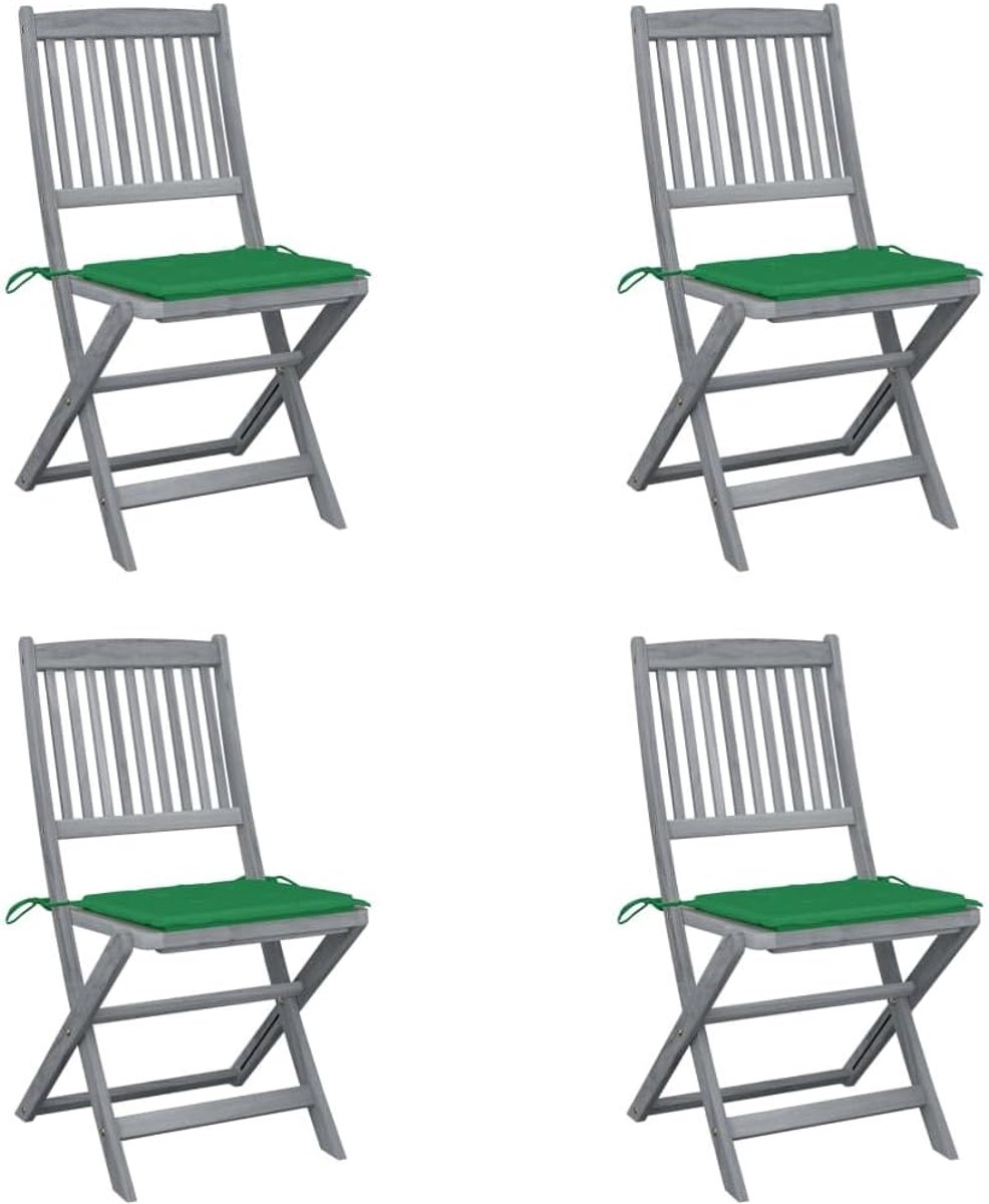 Set van 4 opvouwbare tuinstoelen van massief acaciahout, grijs, met kussens, voor eetkamer en terras, belastbaar tot 110 kg