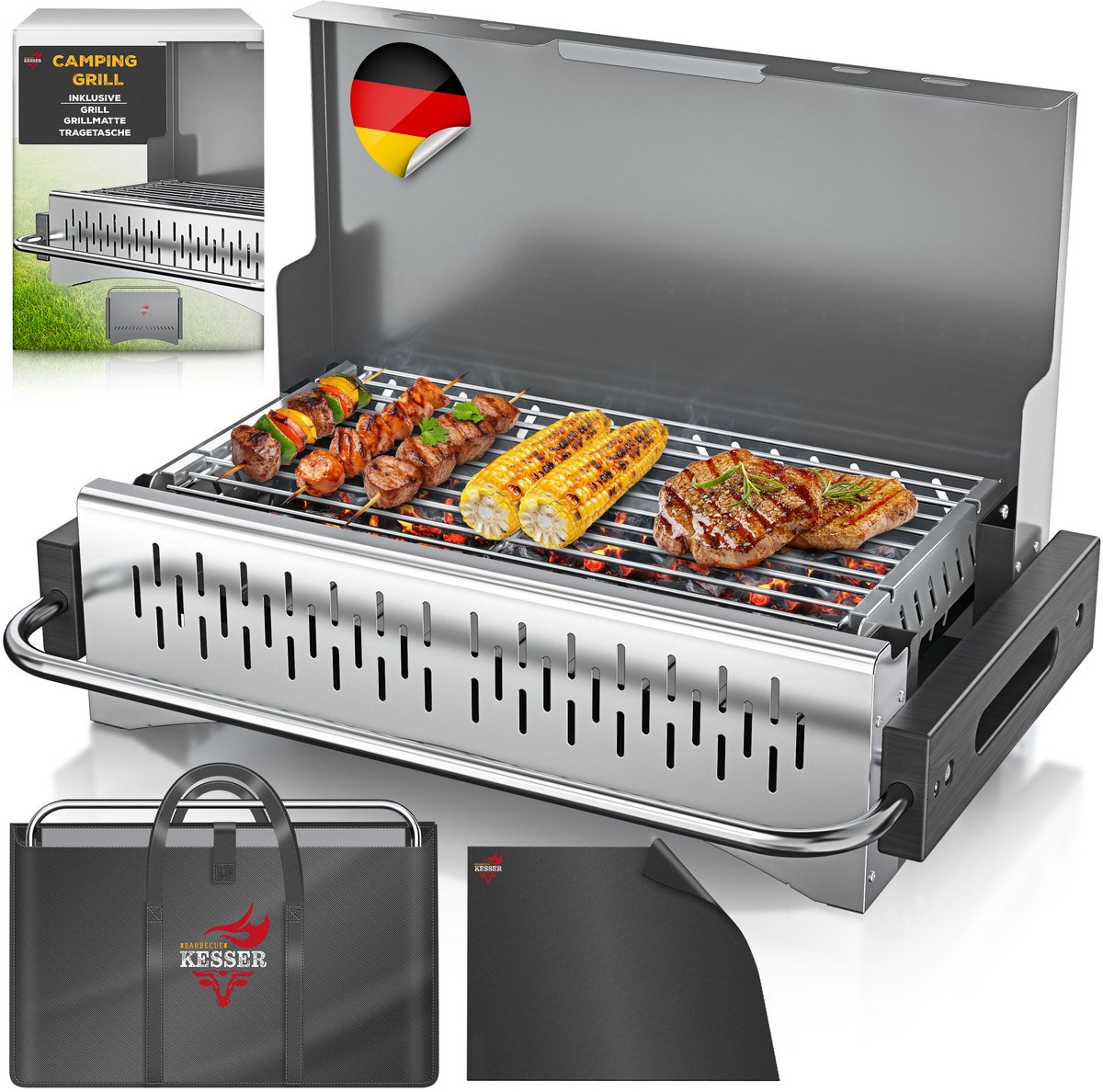 KESSER® Klapgrill - draagbare houtskoolgrill van gepoedercoat staal - met grillmat en draagtas - zilver