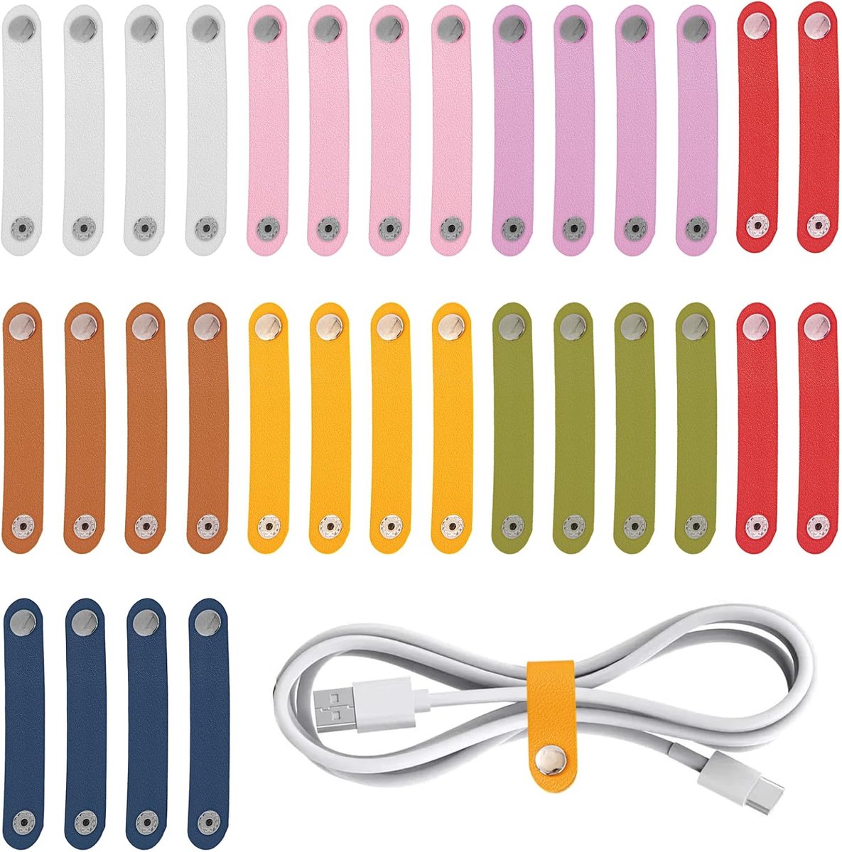 Kabelorganizer, 32 stuks lederen kabelbinders, kleurrijk, kabelbinders met drukknop, leer, herbruikbaar, voor - ShopVlot