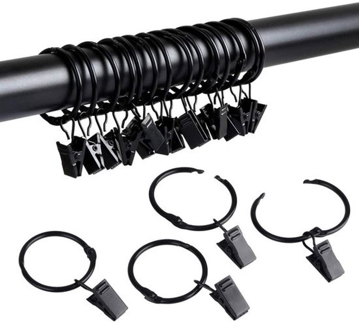 Gordijnringen - Met clips - 40 stuks - Metalen gordijnclips - Zwart - Voor gordijnen