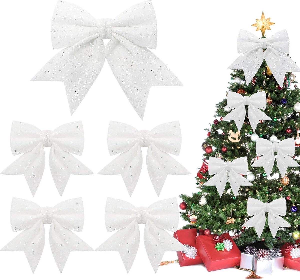 Kerststrikken - Wit - 5 Stuks - Glitterdecoratie - Voor Kerstversiering