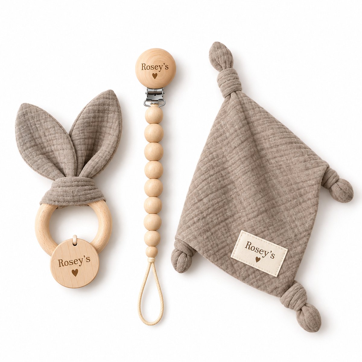 Rosey’s® Baby Giftset Taupe – Kraamcadeau Unisex – Bijtring, Speenkoord & Knuffeldoekje – Baby Cadeau Set 0 Jaar – Babyshower / Geboorte Geschenk – foto 6