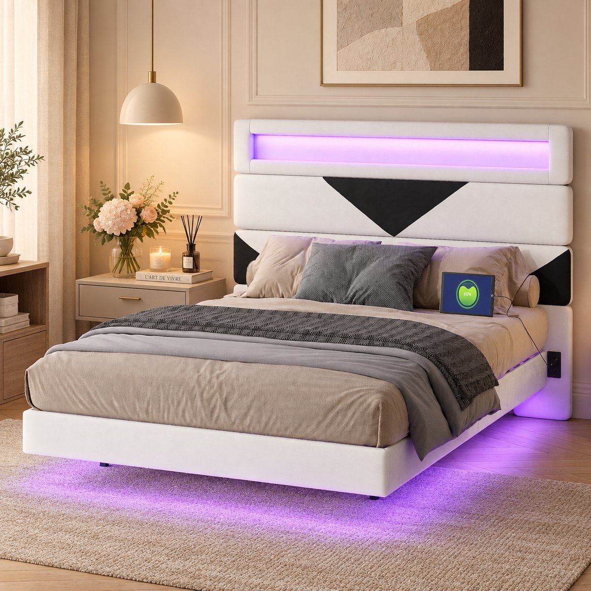 MEXUS Tweepersoonsbed 160x200 cm met ledverlichting en 2 USB-poorten, Gestoffeerd met lattenbodem en verstelbaar hoofdeinde, bedframe voor 2 personen, fluweel Wit