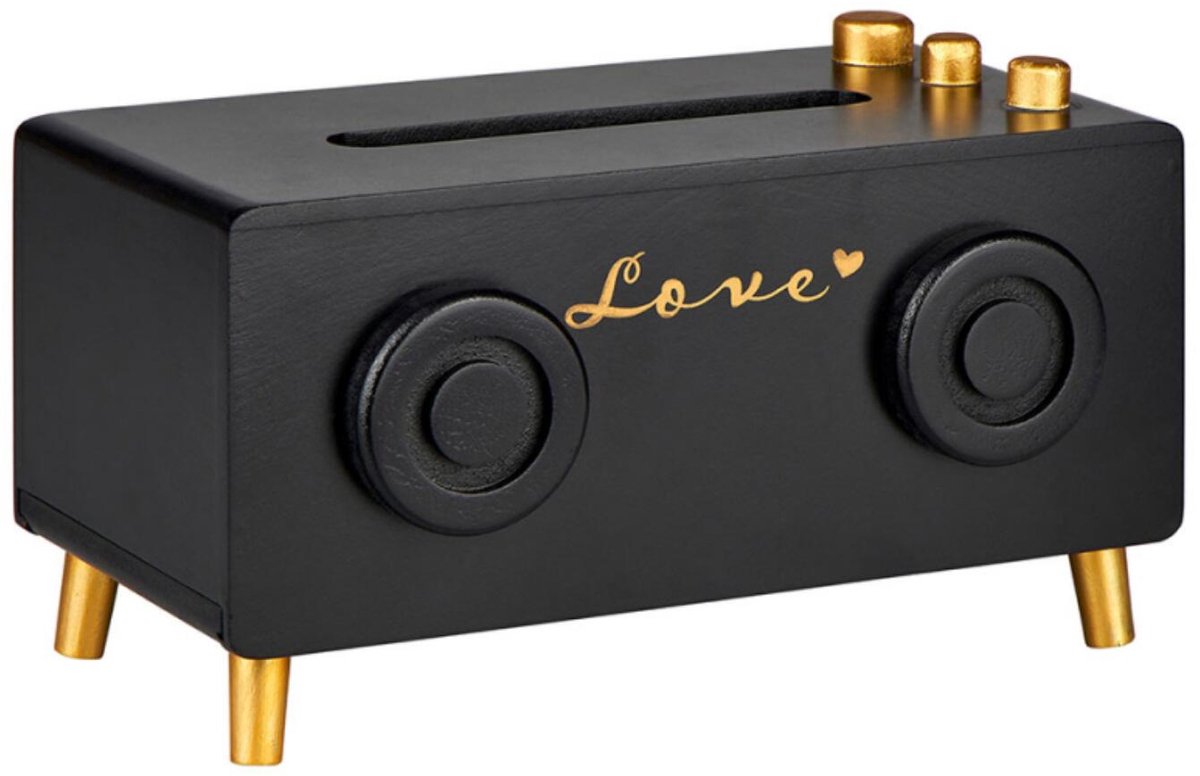 Ostaria Tissuebox - Retro Radio design - hout - zwart / goud - 24 cm