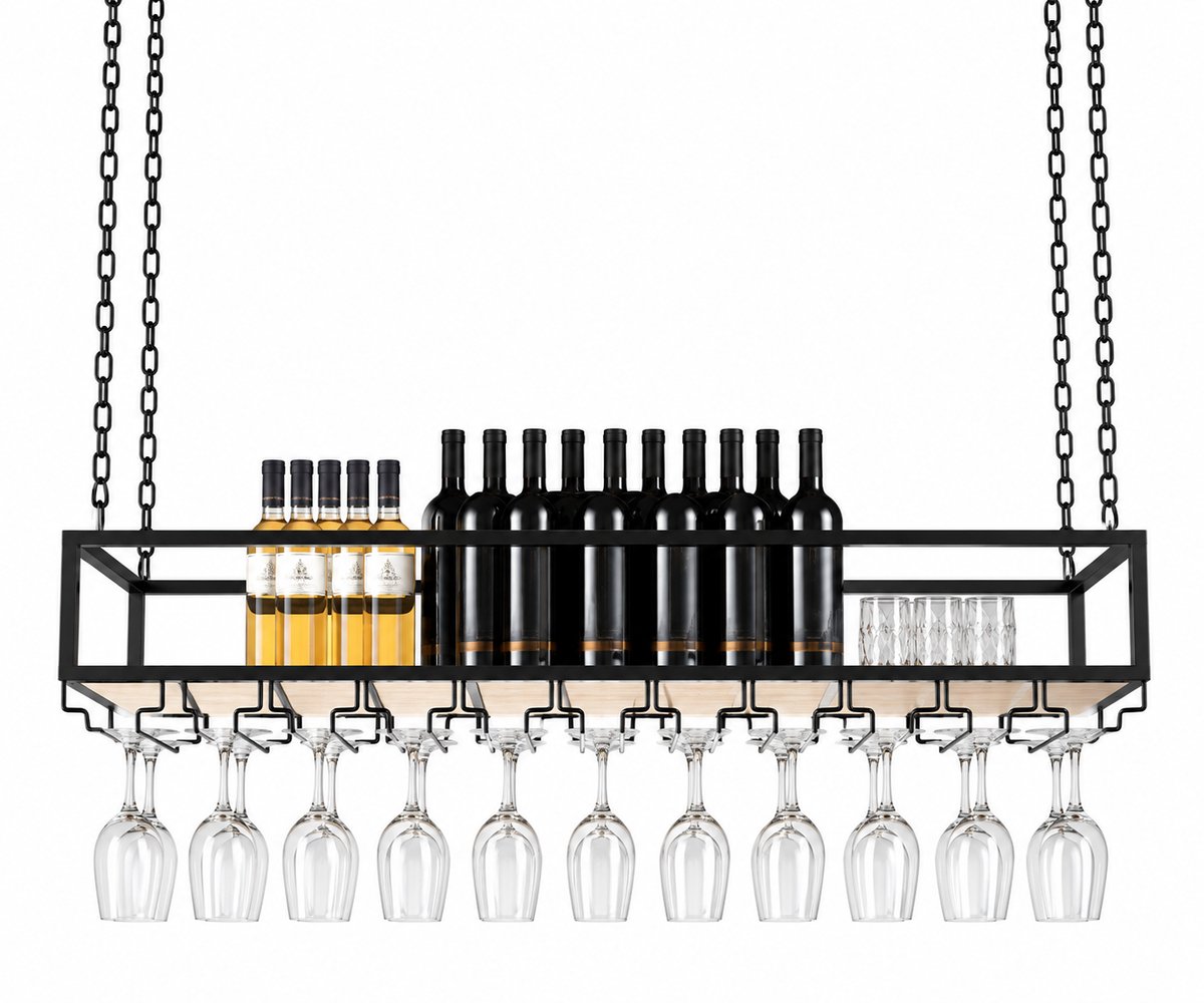 VILIMA - Wijnrek - Hangend wijnrek - Verstelbare hoogte - Plafondbevestiging - Modern en industrieel - Zwart - Hout - 100×25×100 cm