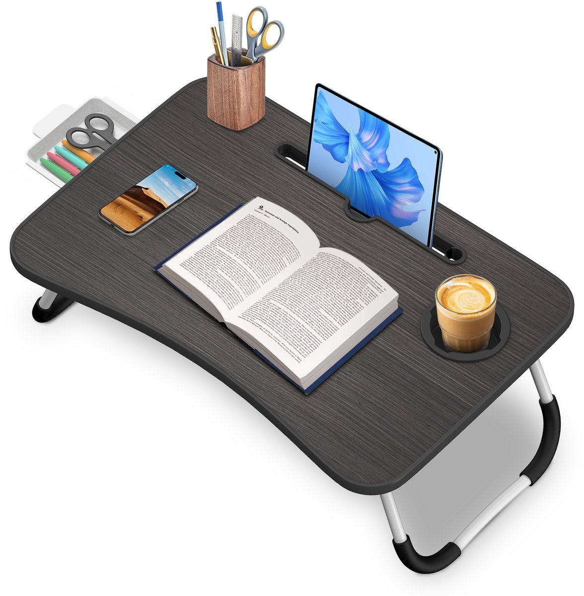 Arvioo‑Opvouwbaar‑laptoptafel‑zwart‑met‑tablethouder‑bekerhouder‑lade
