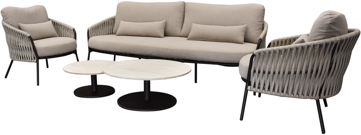 AVH-Collectie Sarenza stoel bank loungeset 5 delig zand rope terre frame Bruin / Terre, Zand / Latte / Linen
