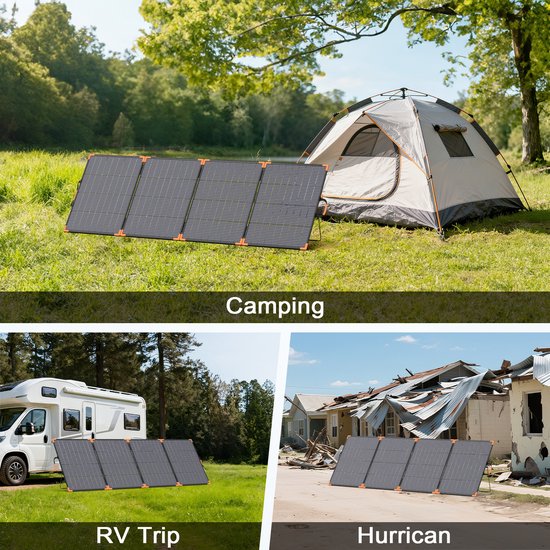Bifacial zonnepaneel met oranje hoeken, opgesteld naast tent, camper en in verwoest huis.