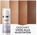 Eucerin Hyaluron-Filler + Longevity nachtcrème naast vier panelen met verschillende huidtinten. Tekst: 'GESCHIKT VOOR ALLE HUIDTINTEN'.