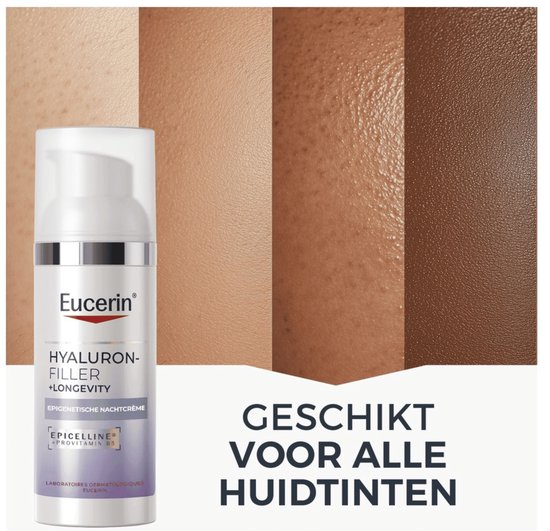 Eucerin Hyaluron-Filler + Longevity nachtcrème naast vier panelen met verschillende huidtinten. Tekst: 'GESCHIKT VOOR ALLE HUIDTINTEN'.