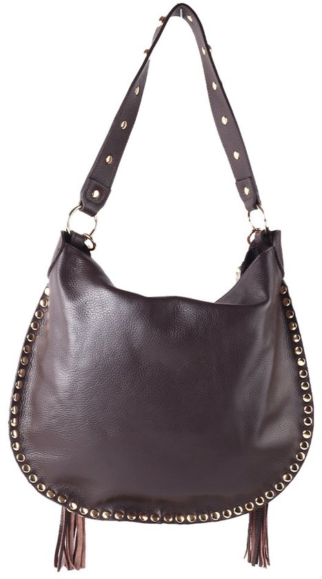 Bruine leren schoudertas met goudkleurige studs en franjes.