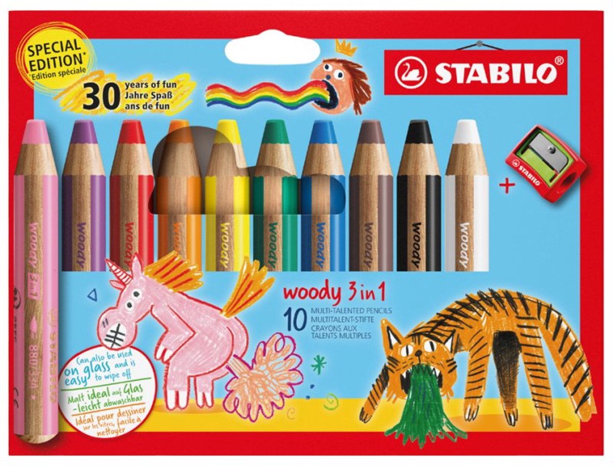 STABILO woody 3-in-1 kleurpotloden, 10 mm dik, 10 stuks met puntenslijper