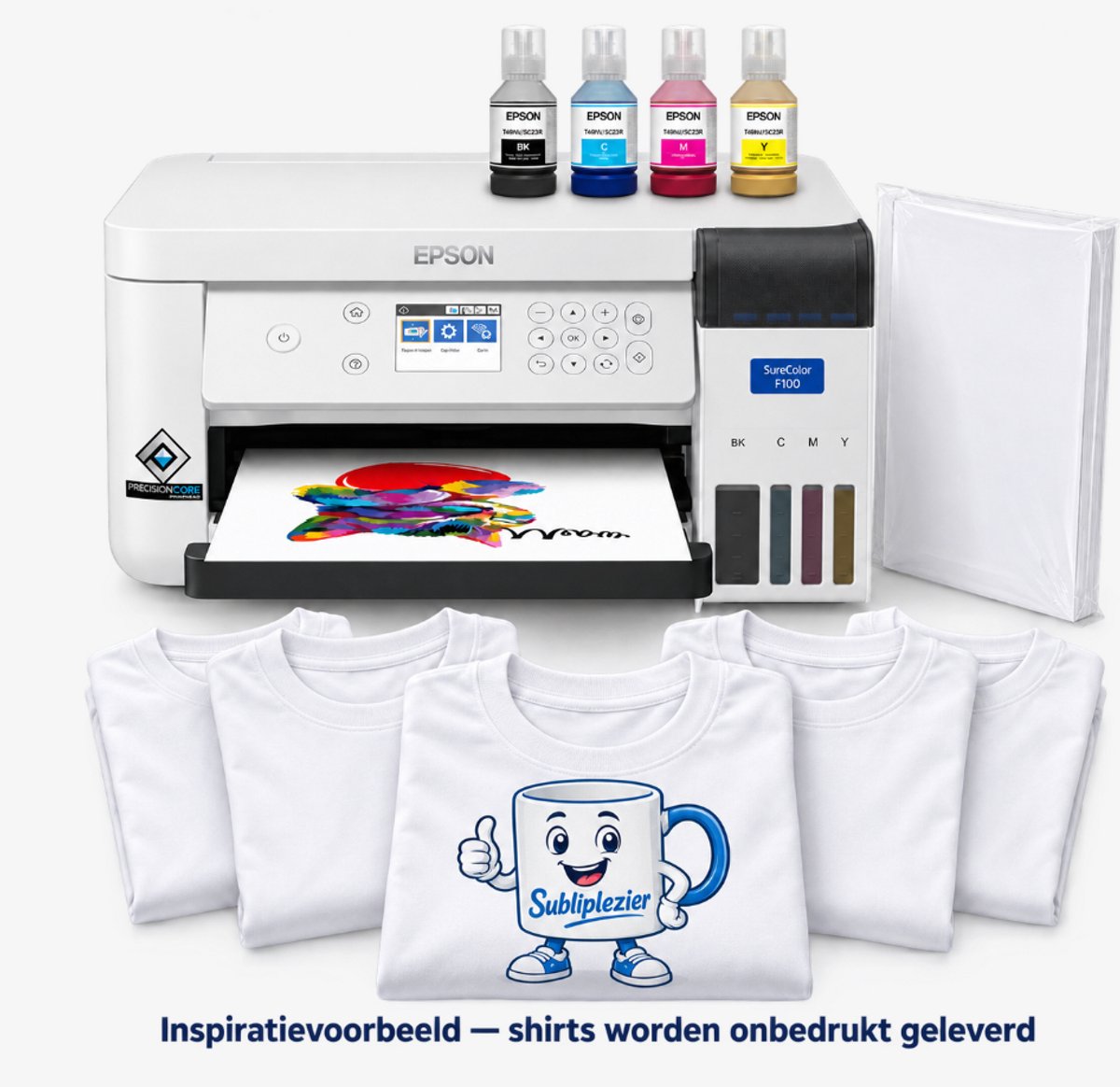 Epson SureColor SC-F100 A4 Sublimatieprinter Bundel – Inkt, 100 Vel Papier & 5 Witte T-shirts S–XXL