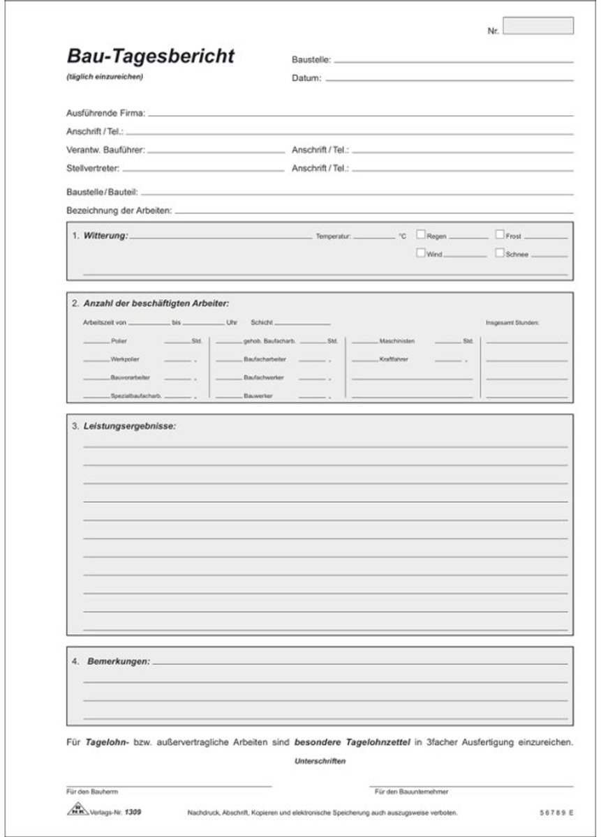 RNK Verlag bouw-dagrapport formulieren, zelfcopiërend, 3 × 40 vel, wit/geel/roze